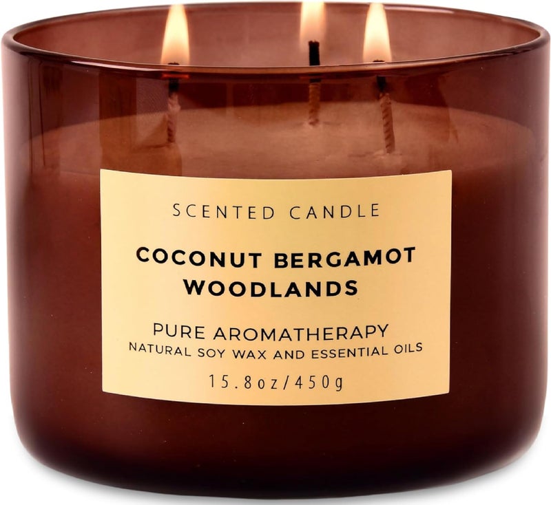 Coconut Bergamot Woodlands 3Wick Soy Scented Candle 158 oz Clean Burn Creamy Coconut Bergamot Balsam Woods Large Aromatherapy Candle for Home Relaxation